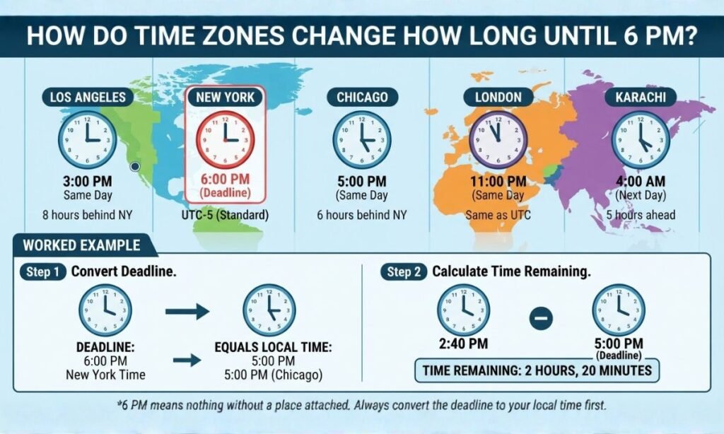 How do time zones change how long until 6 PM?
