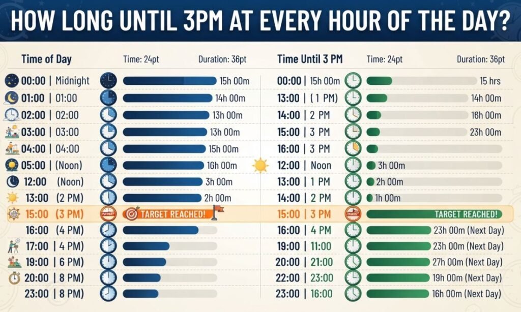 How Long Until 3pm at Every Hour of the Day?