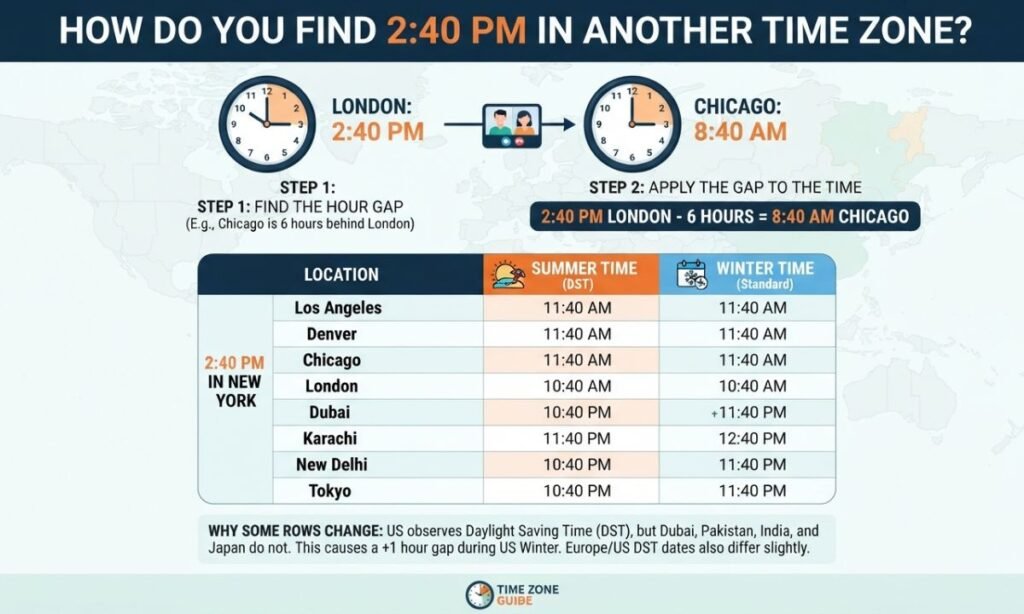 How do you find 2:40 PM in another time zone?